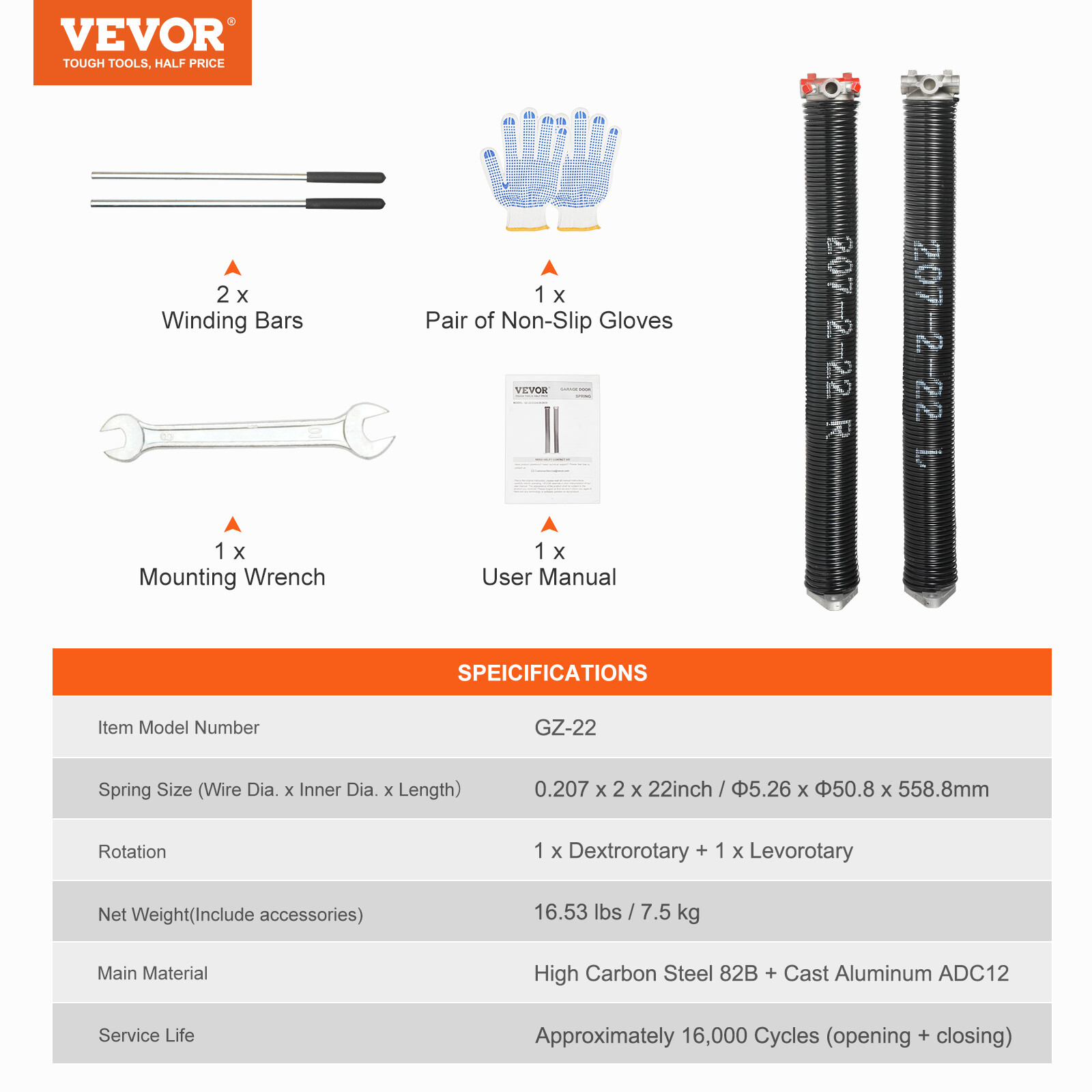 VEVOR Garage Door Torsion Springs Pair of 0.207 x 2 x 22inch with Winding Bars