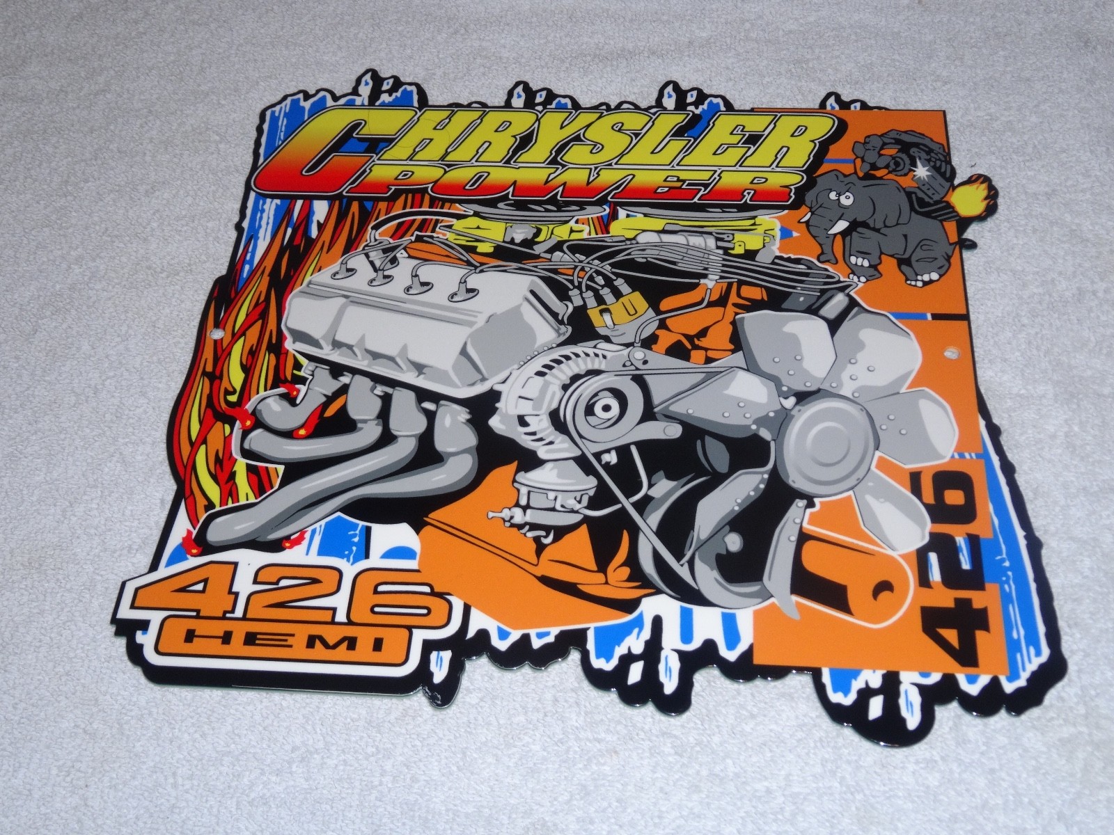 VINTAGE "CHRYSLER POWER 426 HEMI MOTOR ELEPHANT" 11 3/4" METAL GASOLINE OIL SIGN