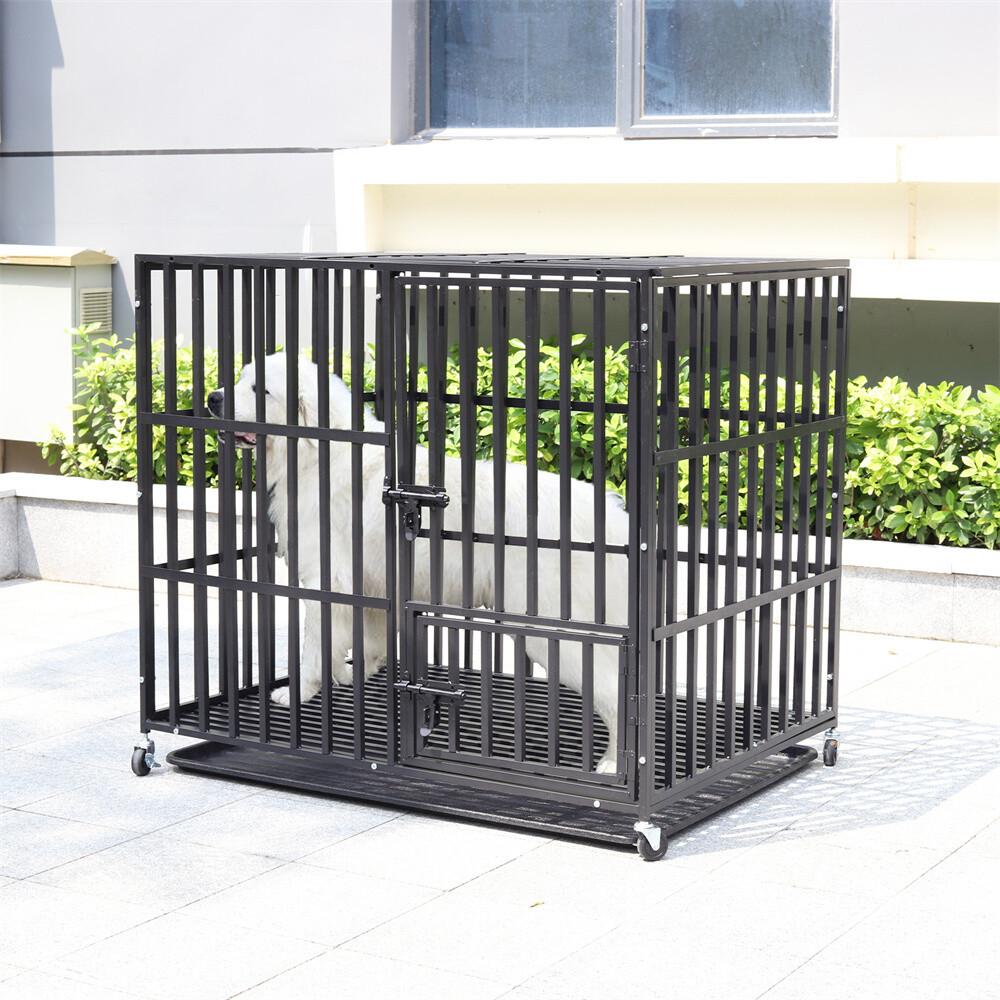 XXL Heavy Duty Pet Dog Cage Strong Metal Crate Kennel Playpen with Wheels &Tray