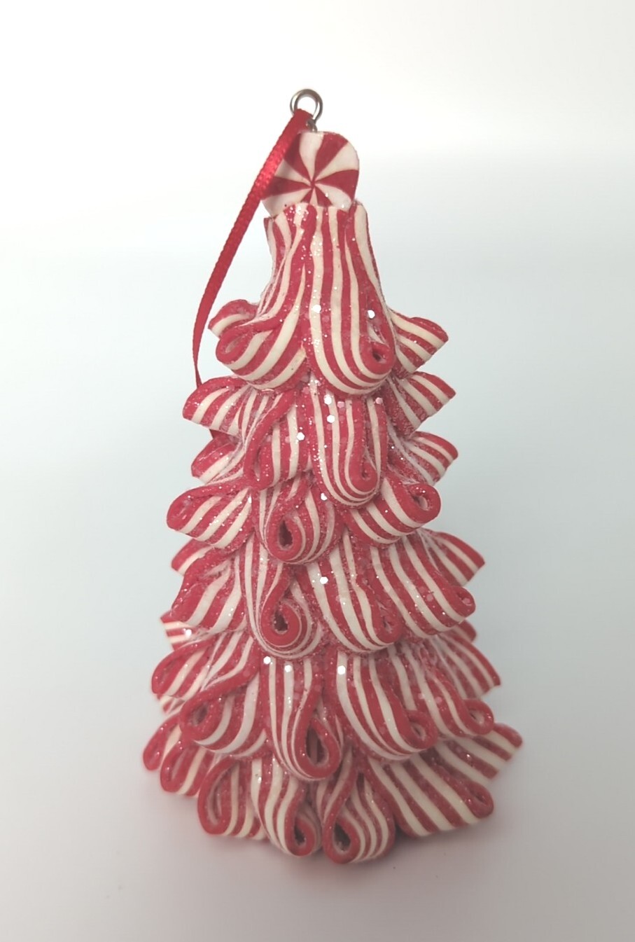 Christmas Peppermint Candy Cane Ribbon Tree Holiday Ornament 4.5" Icy Sparkling