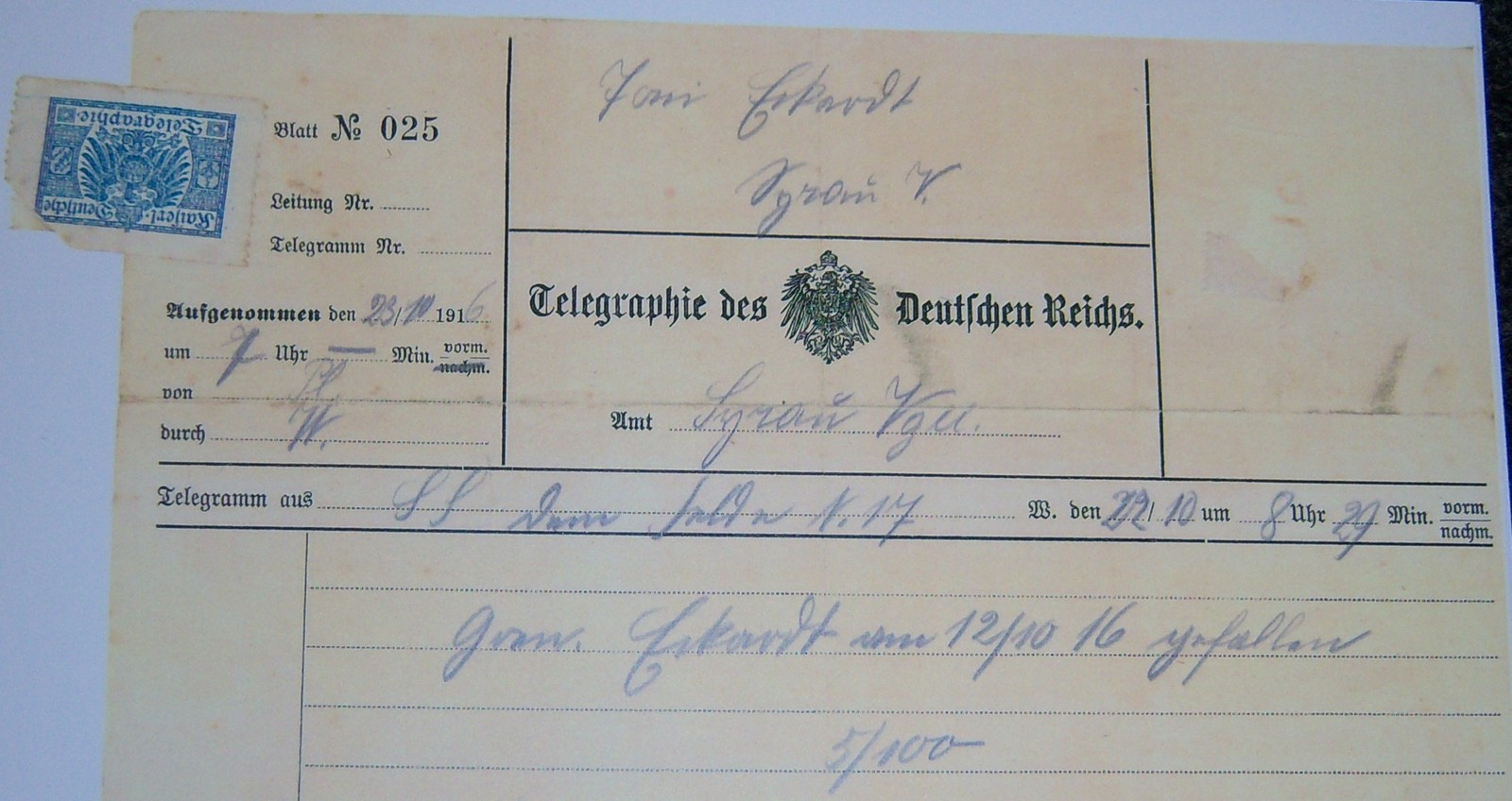 GERMAN - Reichs Death Telegram, for a Fallen Soldier. 1916.