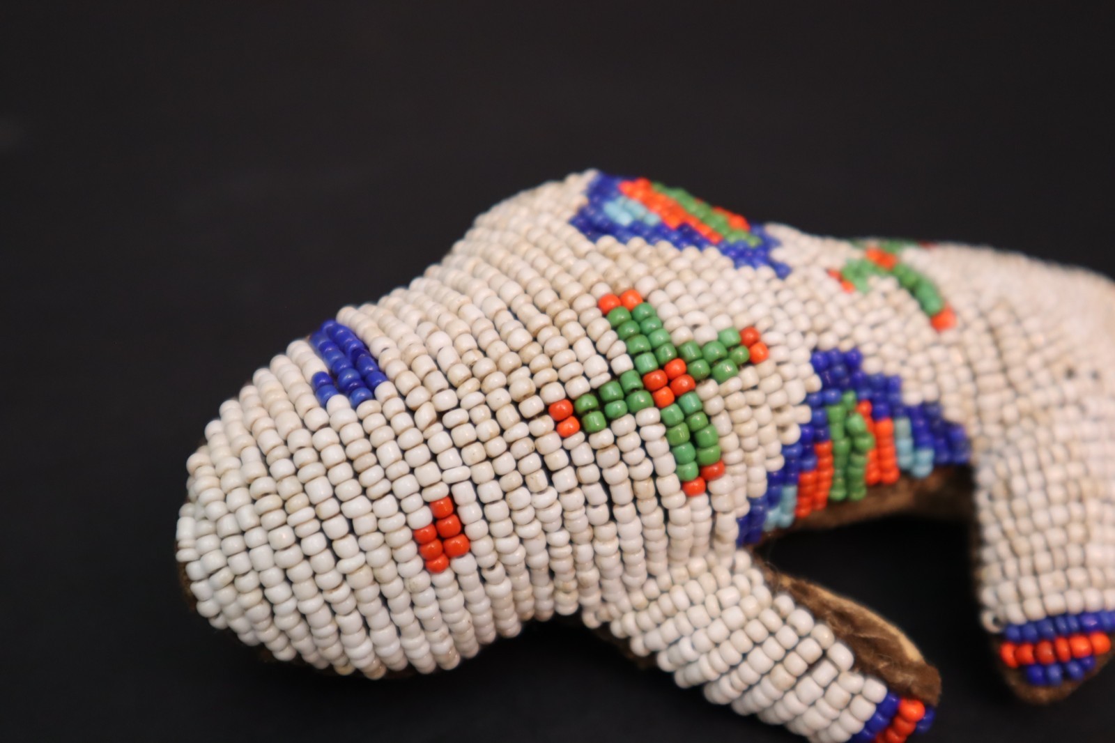 HAND MADE NATIVE AMERICAN BEADED LEATHER FETISH, BUFFALO AMULET