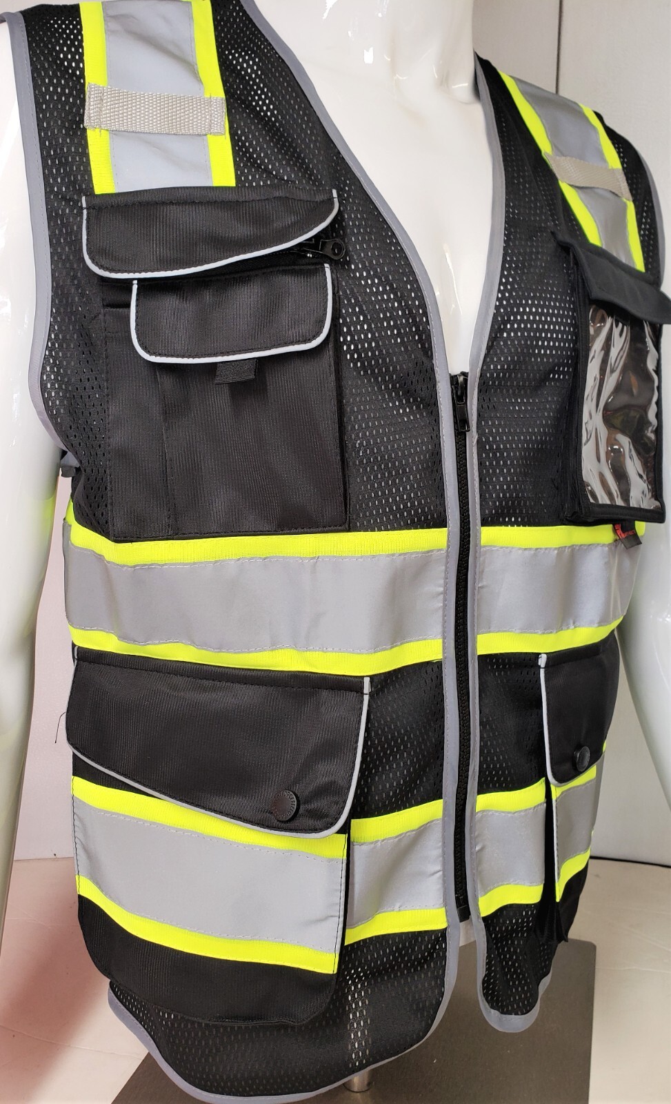 Hi Visibility Reflective Black Safety Vest, New, Sizes S-2XL