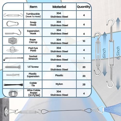 Sun Shade Sail Hardware Kit,304 Stainless Steel Cable Wire with Nylon Coating