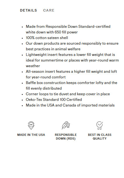 NWT QUINCE PREMIUM DUCK DOWN COMFORTER KING / CAL KING INSERT LIGHTWEIGHT