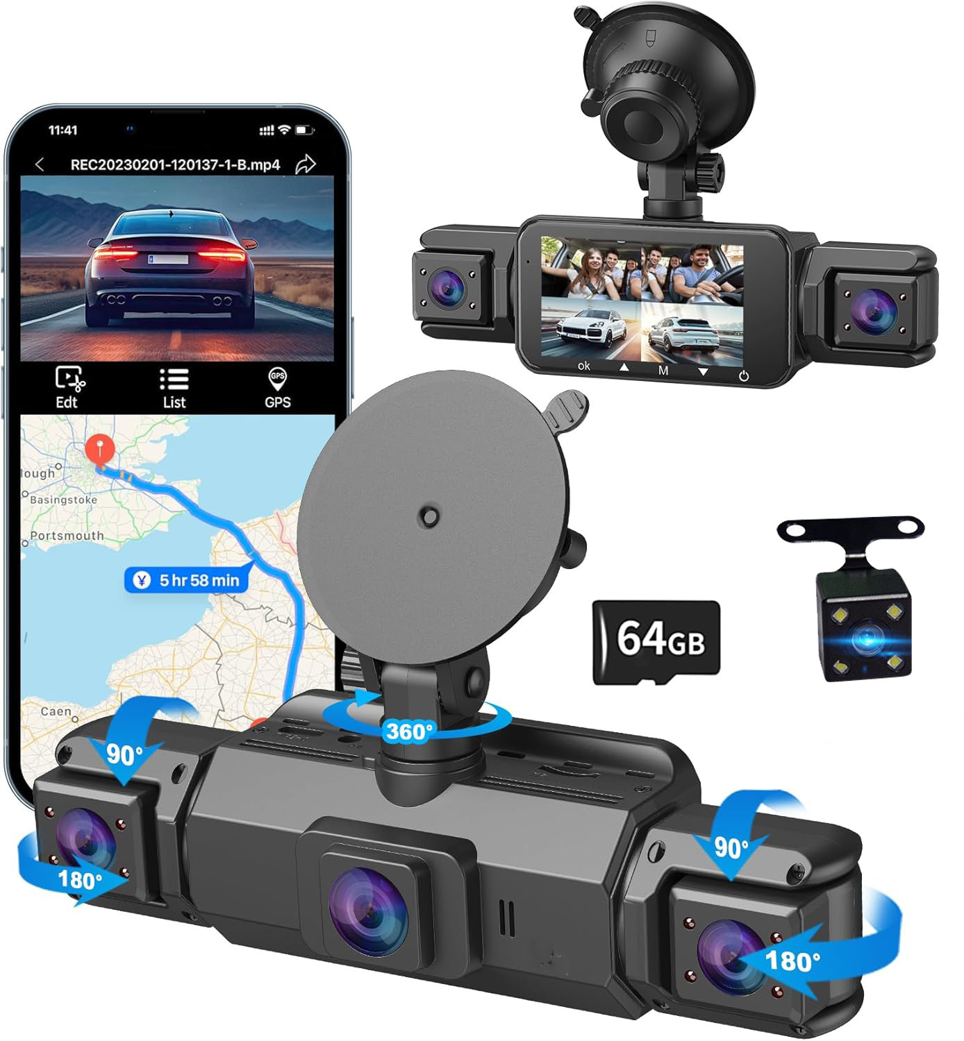 Dash Cam 4 Channel 360° Front Rear Inside DashCam, HD 1080P Car Camera 64GB