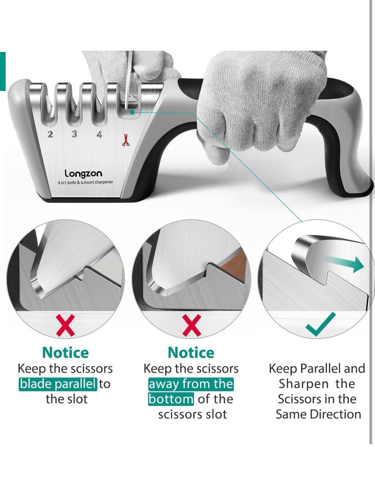 Longzon 4-in-1 Knife Sharpener [4 Stage] with a Pair of Cut-