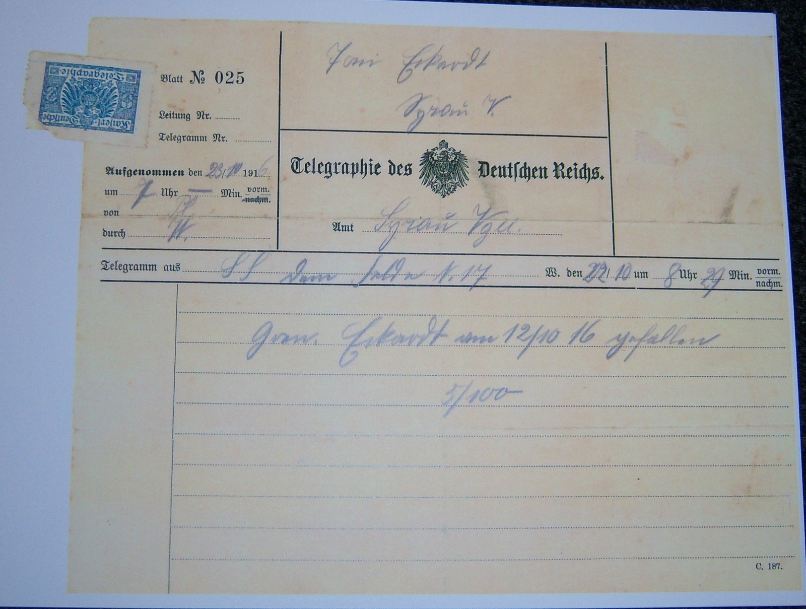 GERMAN - Reichs Death Telegram, for a Fallen Soldier. 1916.