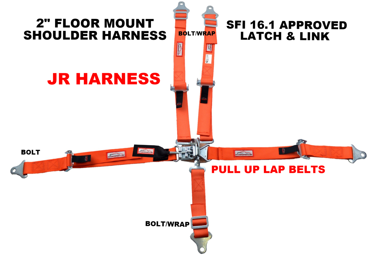 KIDS RACING HARNESS SFI 16.1 FIVE POINT LATCH & LINK FLOOR MOUNT BELT ORANGE