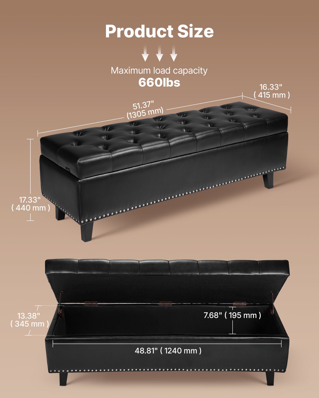 Uimoso Button-Tufted Storage Ottoman Bench PU Leather Bench with Wood Legs Black