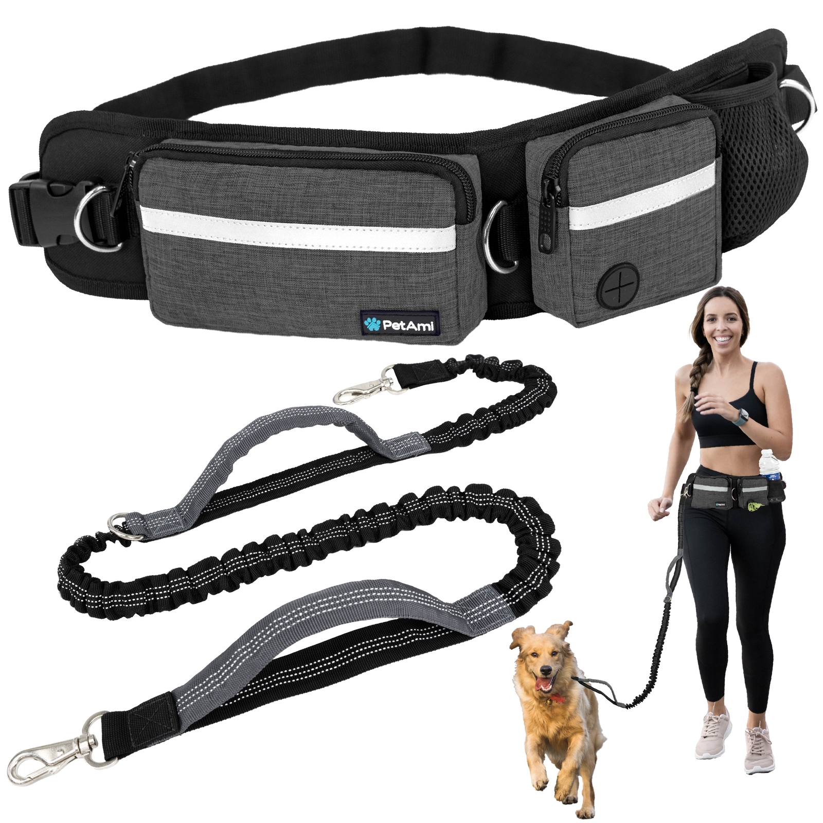 Dog Leash Belt Hands Free Running Jogging Walking Waist Pouch with Bungee Leash
