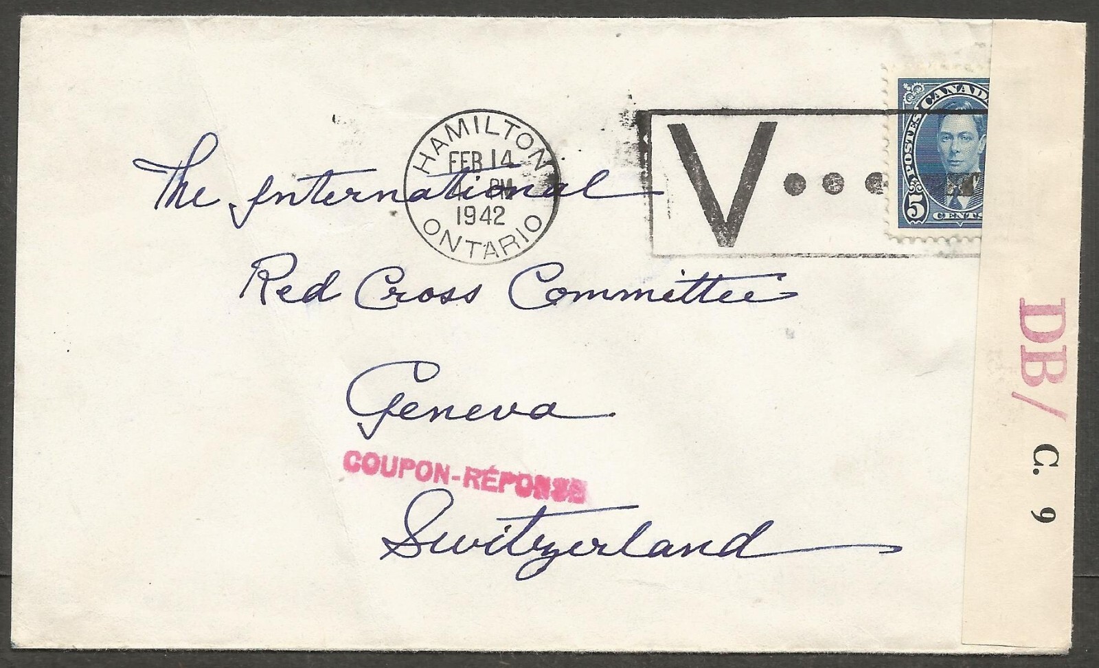 1940 Red Cross Censored Cover 5c Mufti Hamilton Ontario Slogan to Switzerland