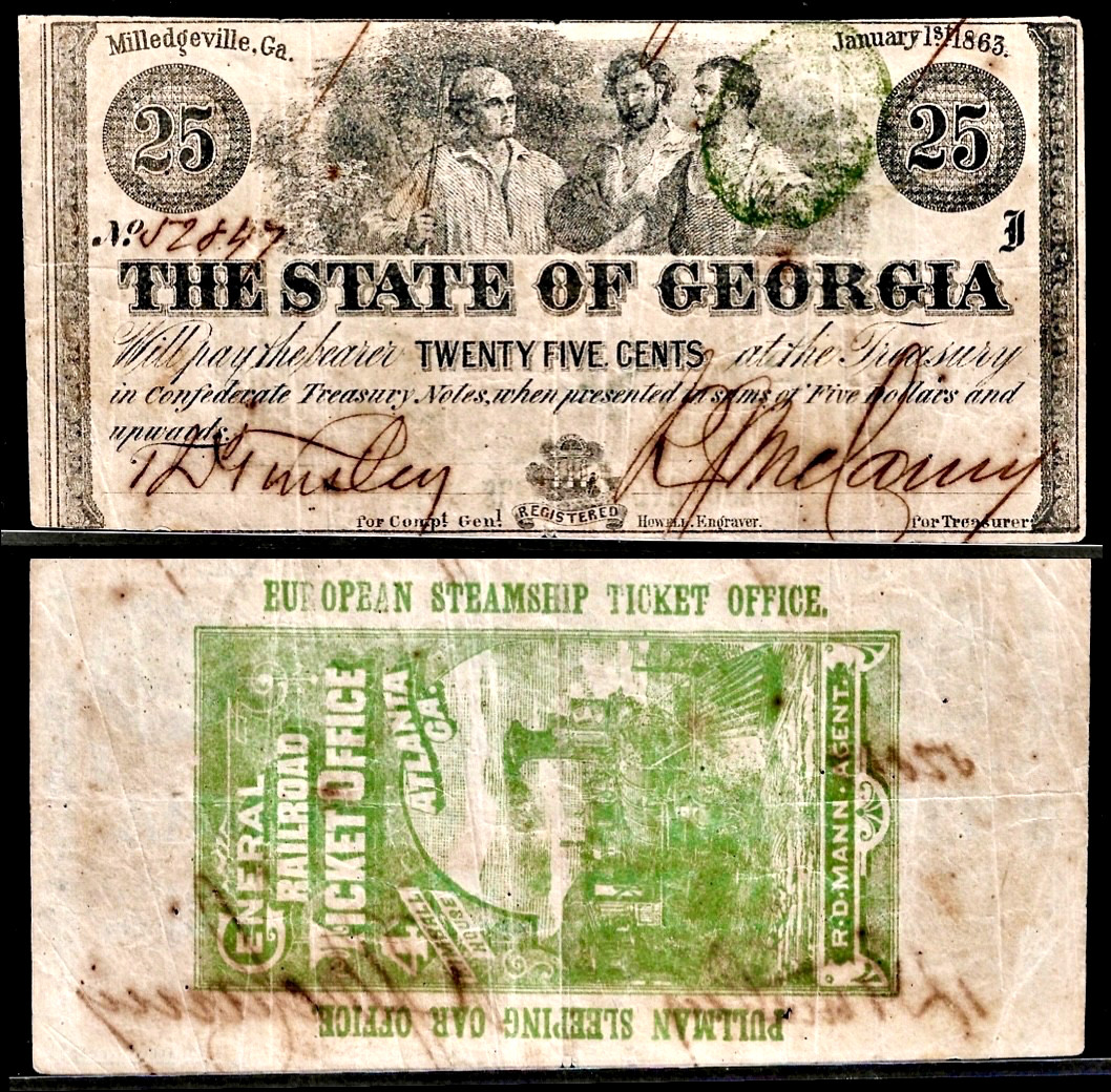 Jan 1, 1863 Georgia Milledgeville 25¢ Note w/General Railroad Advertisement Back