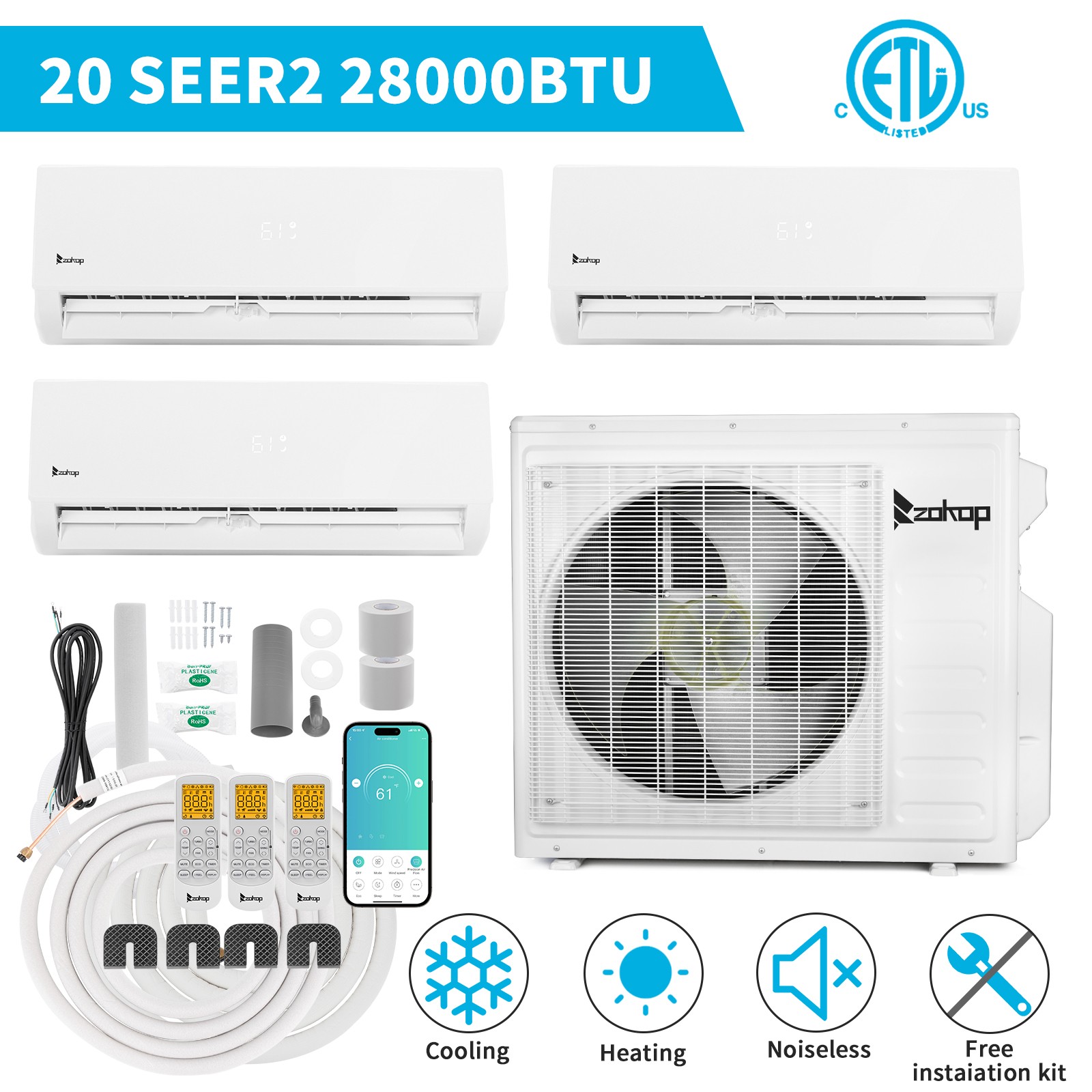 28000 BTU Tri 3 Zone Ductless Mini Split Air Conditioner & Heat Pump -20 SEER2