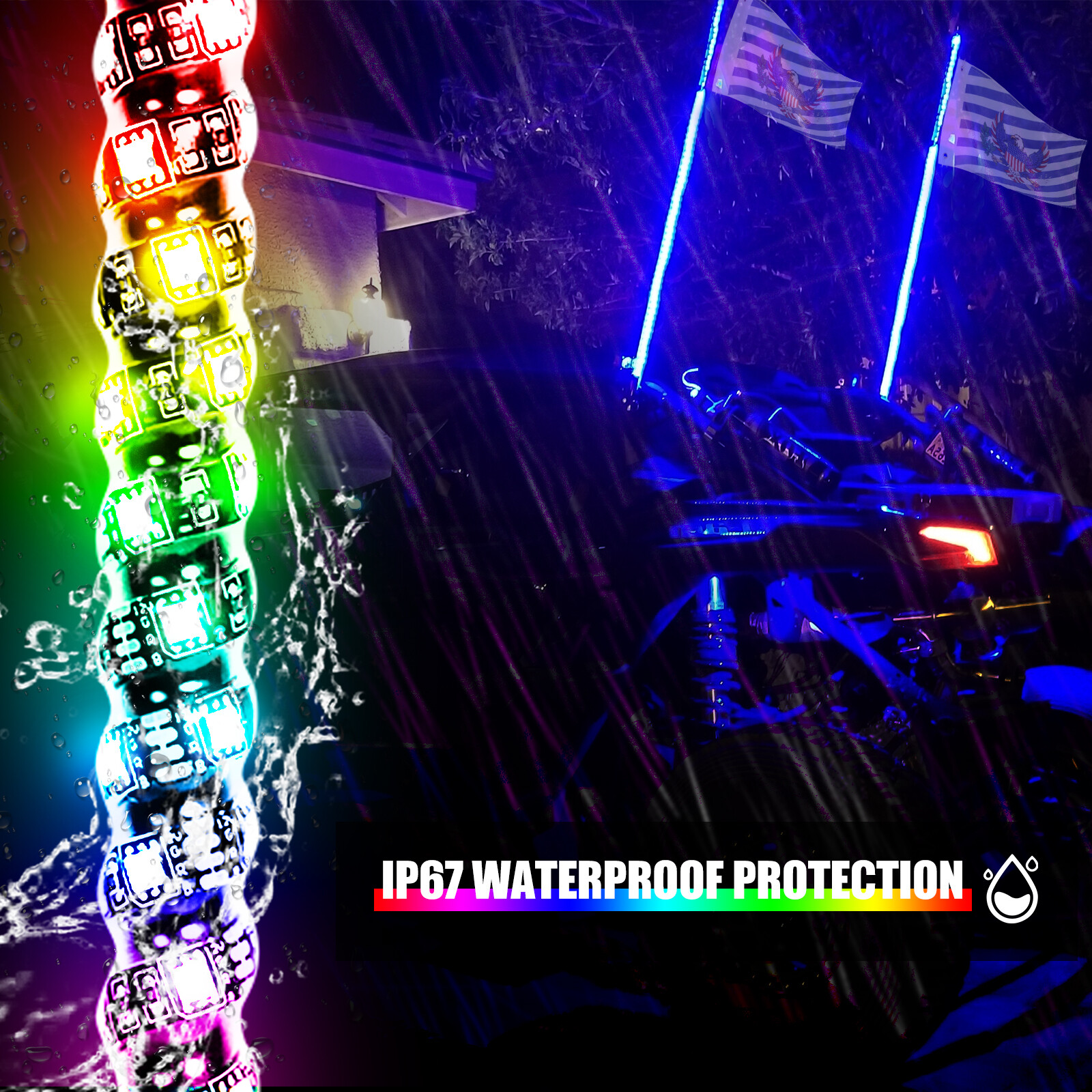 Pair 4ft RGB Spiral LED Whip Lights Antenna Chase + US Flag & Remote for ATV UTV