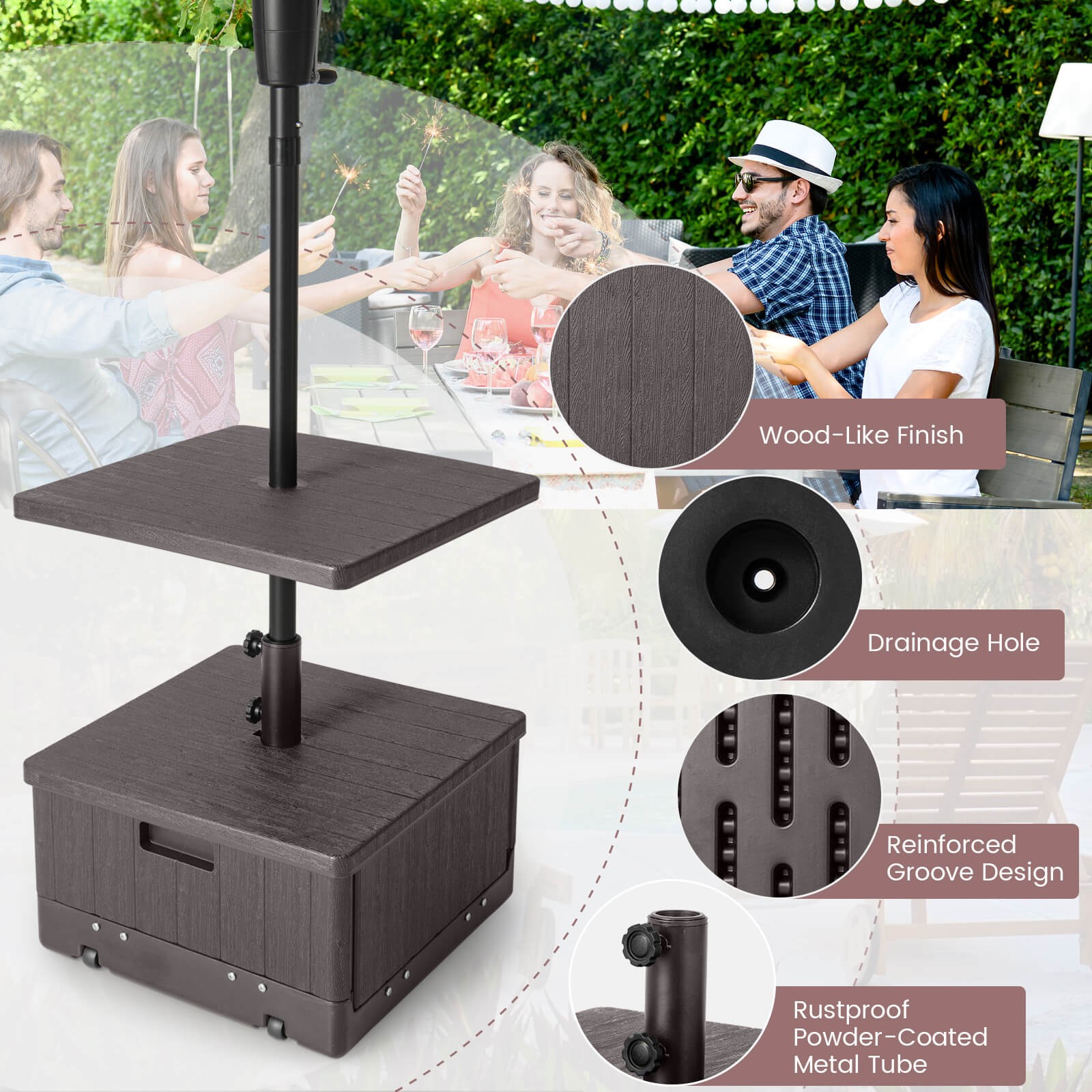 Patio 175lbs Fillable Umbrella Base w/Table Tray Wheeled 3-in-1 Stand Outdoor