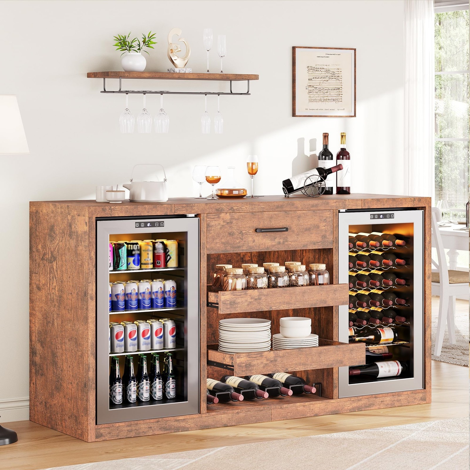 Large Coffee Bar Cabinet with Fridge Space, Mini Fridge Cabinet with Power Ou...