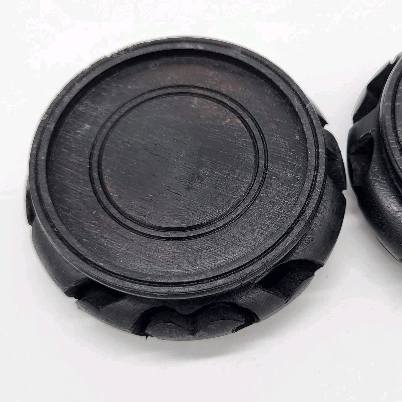 2 Vtg Chinese Carved Black Wood Bowl Pot Vase Display Stands Base Ornate WOCO