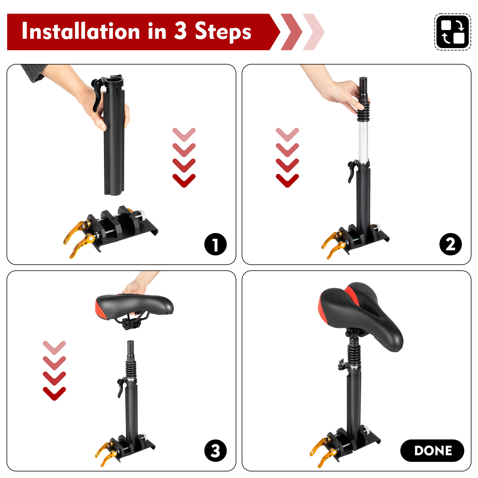 Height Adjustable Seat Cushion Universal Aluminum Alloy Rod + Saddle For Scooter