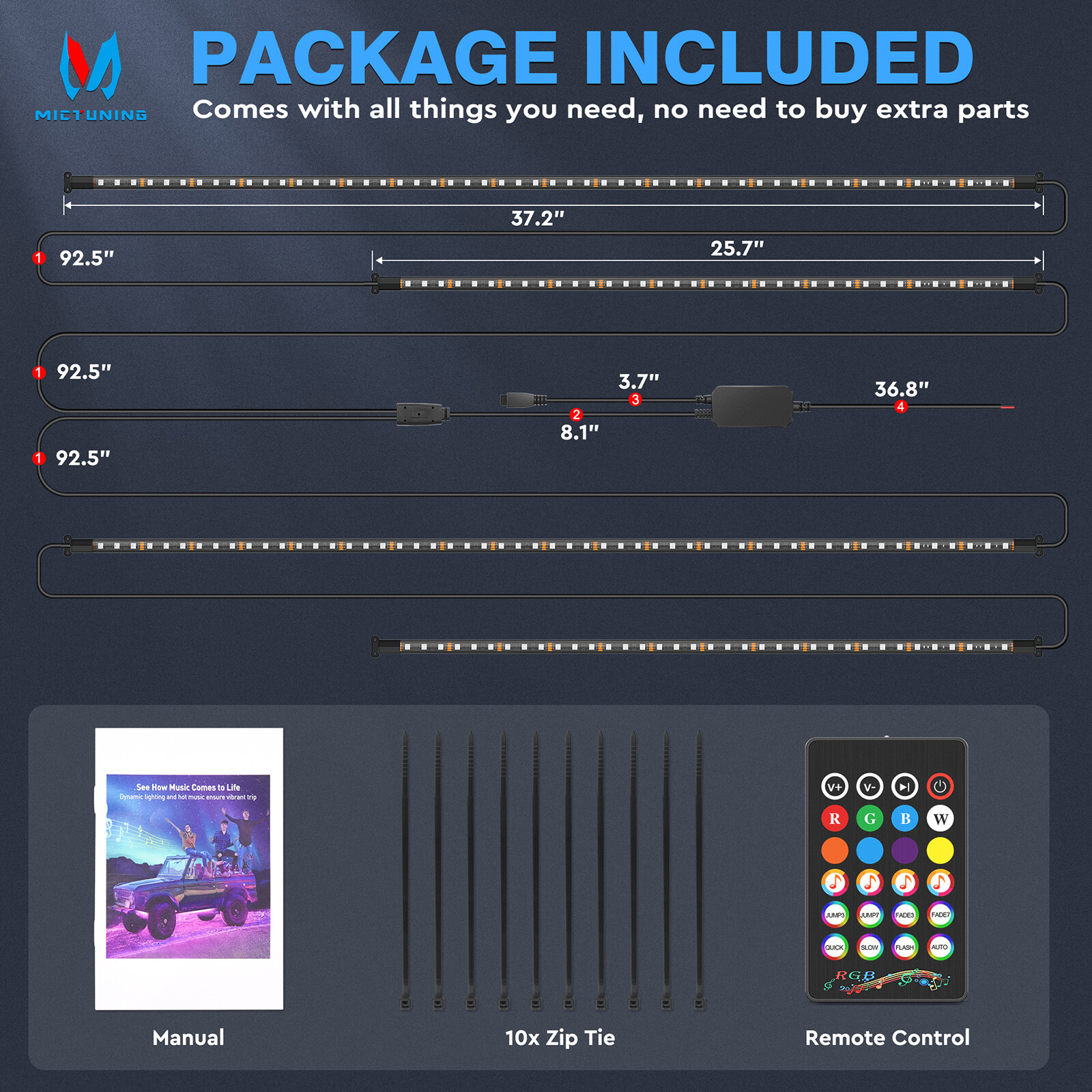 MICTUNING RGB LED Strip Under Car Tube Underglow Underbody System Neon Light Kit