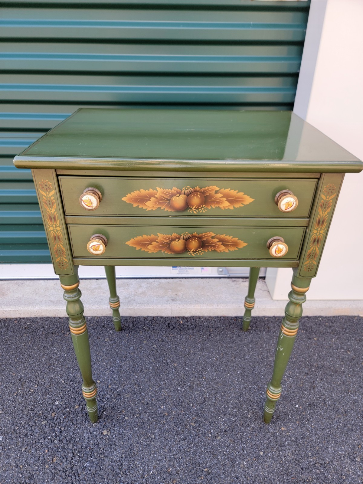 L. Hitchcock 2-drawer End/Side/Work Table Dark Green Stenciled drawers