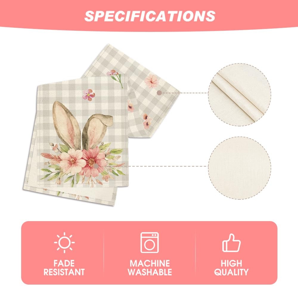 Buffalo Plaid Bunny Rabbit Ears Flower Easter Table Runner, Spring Summer Sea...