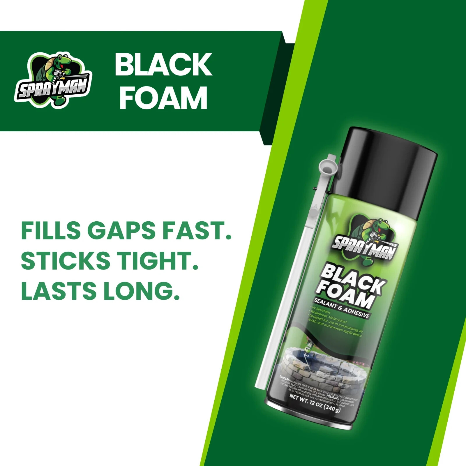 Sprayman Black Foam Sealant - Pond Waterfall Landscaping, 12oz 2 Pk - Straw Use