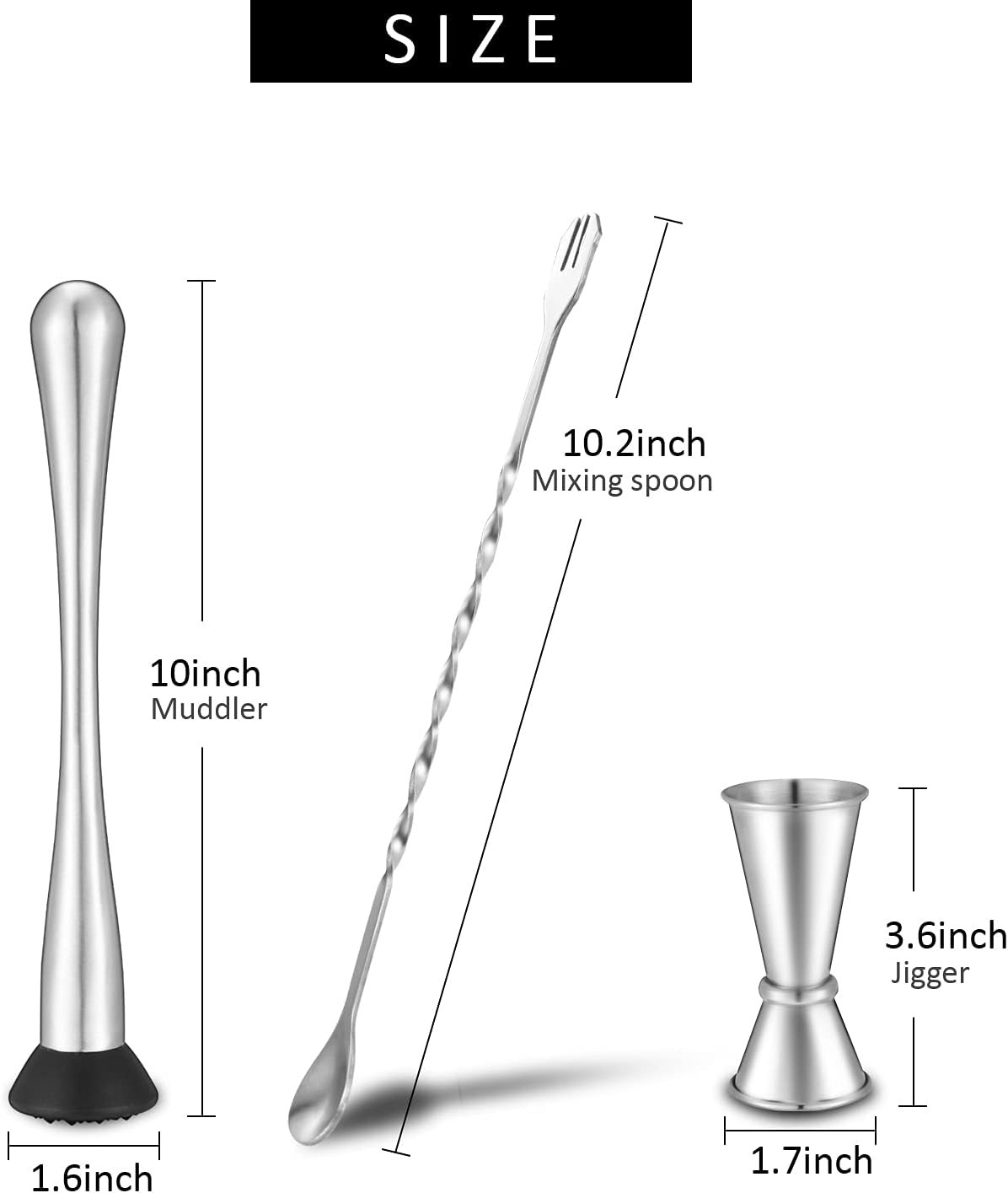 Stainless Steel Muddler for Cocktails,Mixing Spoon and Measuring Silver
