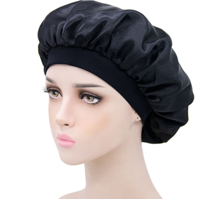 Women Satin Bonnet Night Sleep Cap Hair Hat Silk Head Cover Wide Elastic Band