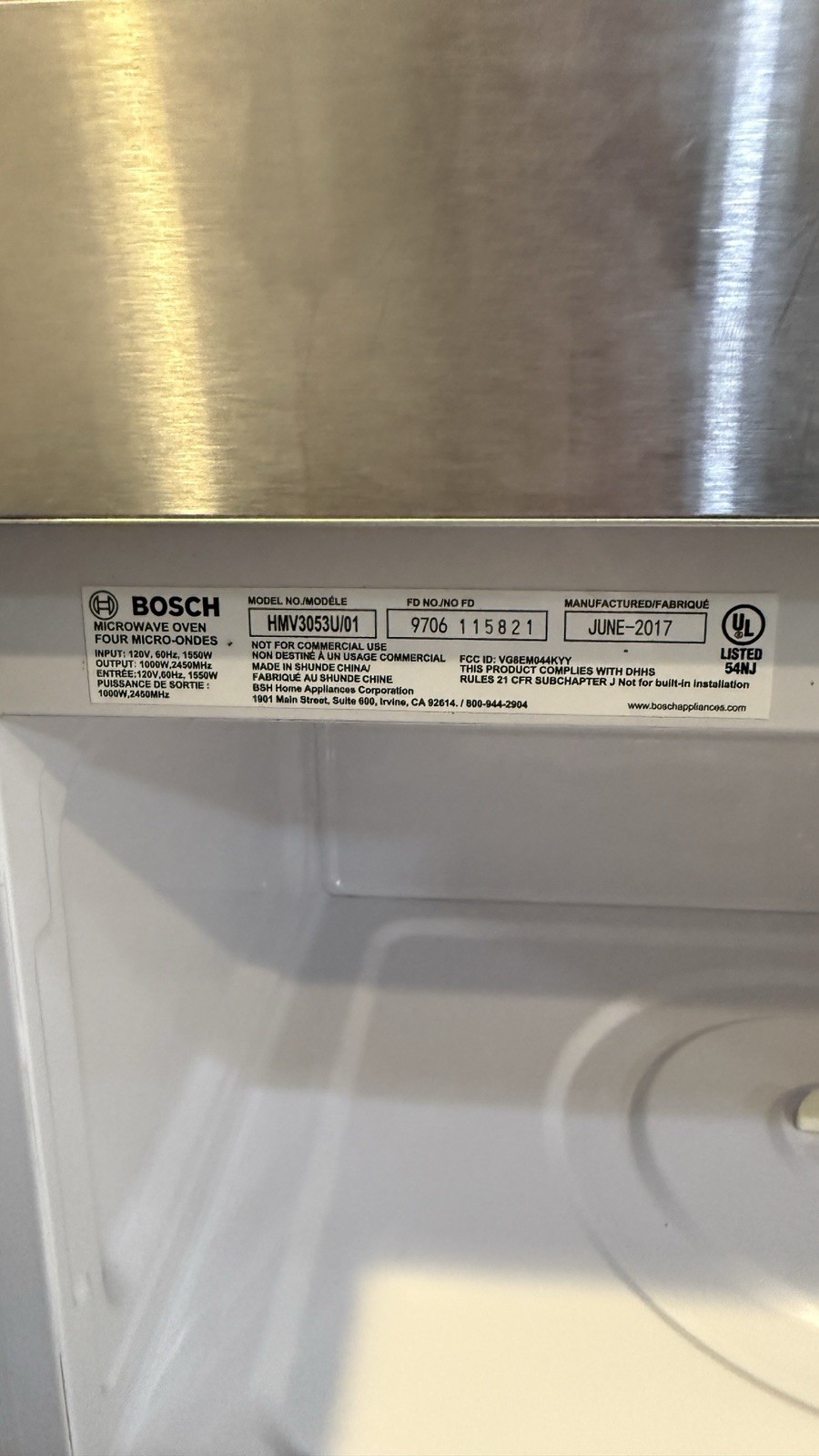 Bosch HMV3053U/01 Over-the-Range Microwave Stainless Steel 1.6 cu ft 1000W