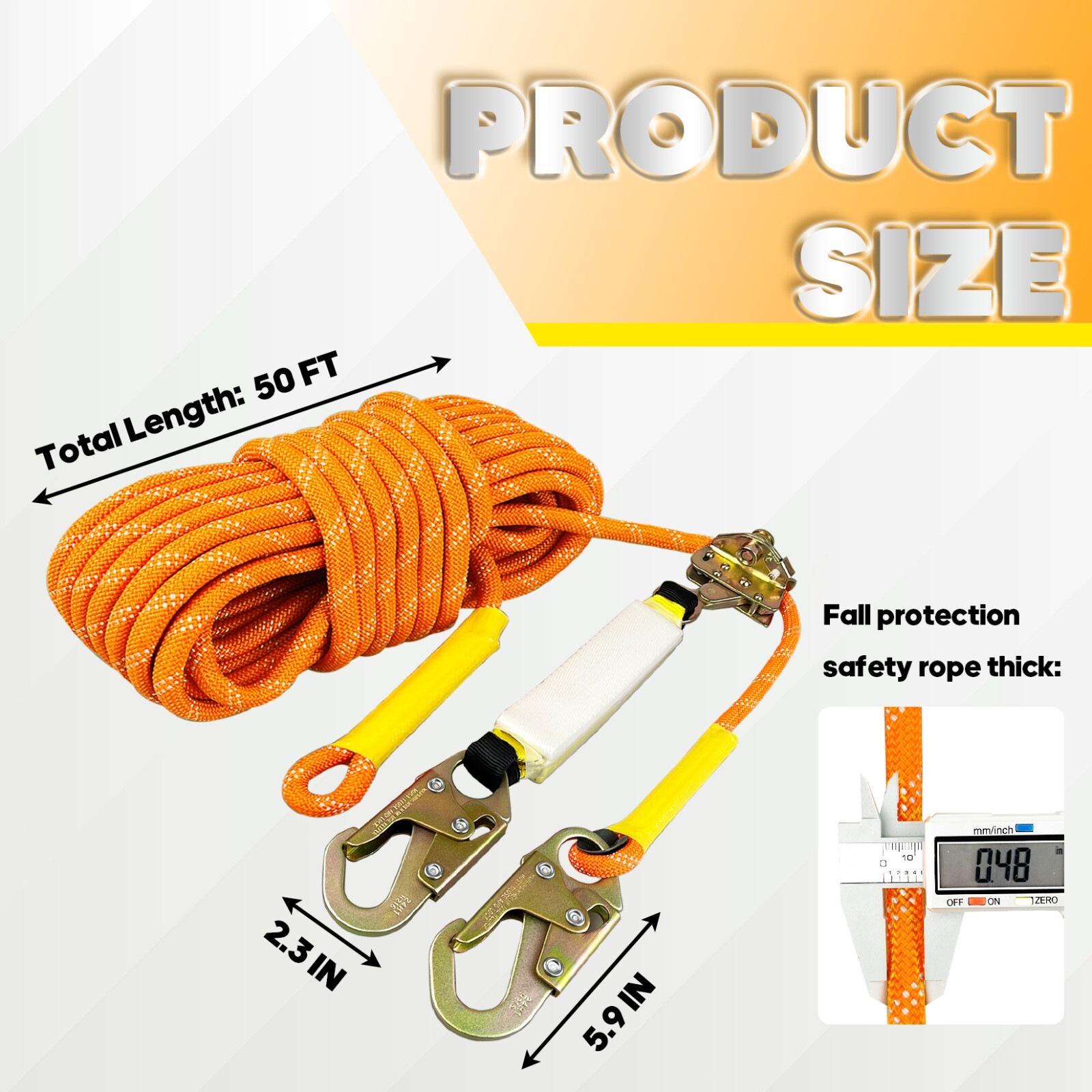 Vertical 50FT Safety Rope with Alloy Steel Grab Snap Hooks Shock Absorber