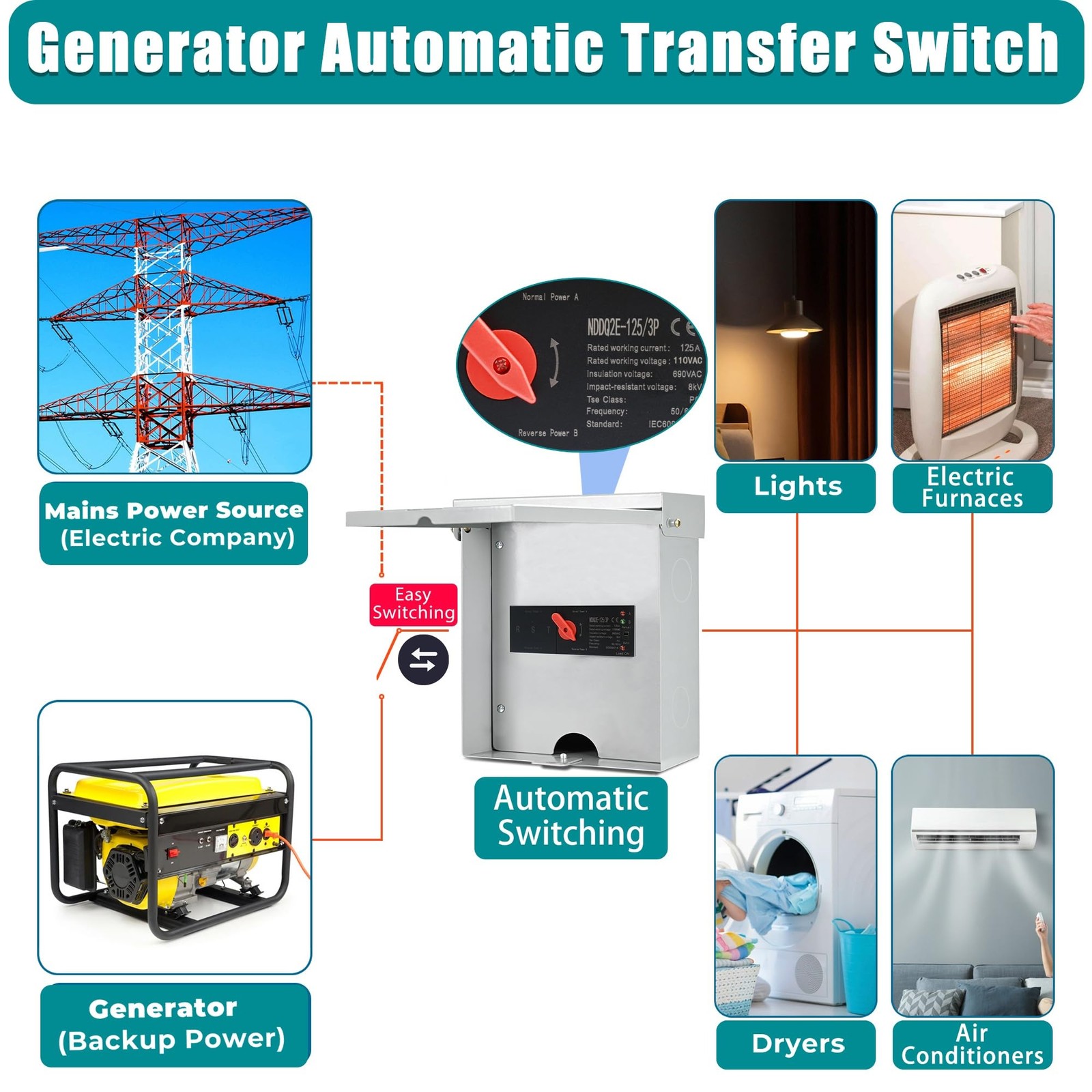 Automatic Transfer Switch, 125 Amp 3 Pole Auto Switch for Home...