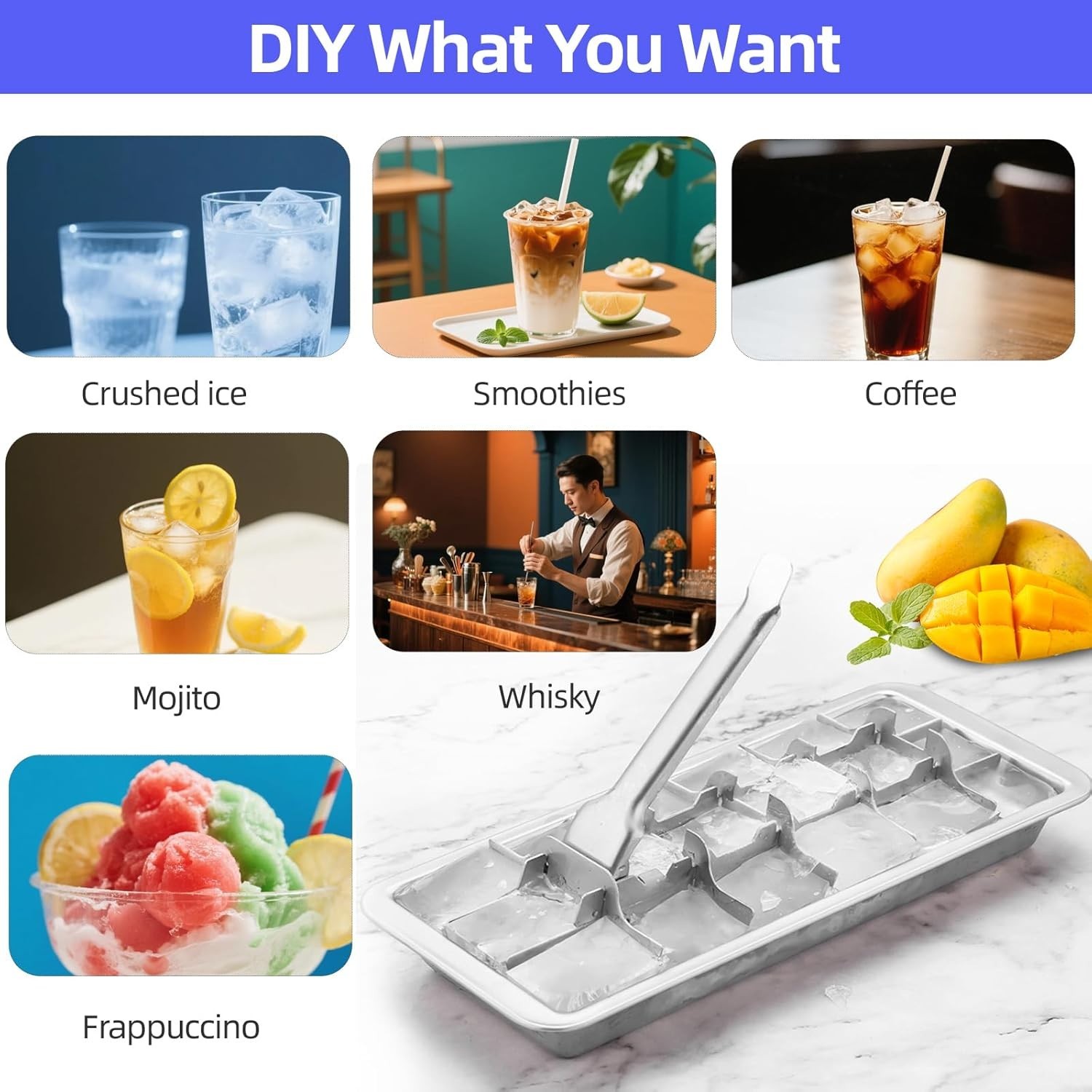 Metal Ice Cube Tray 18 Slots Stainless Steel Easy Release Handle Dishwasher Safe