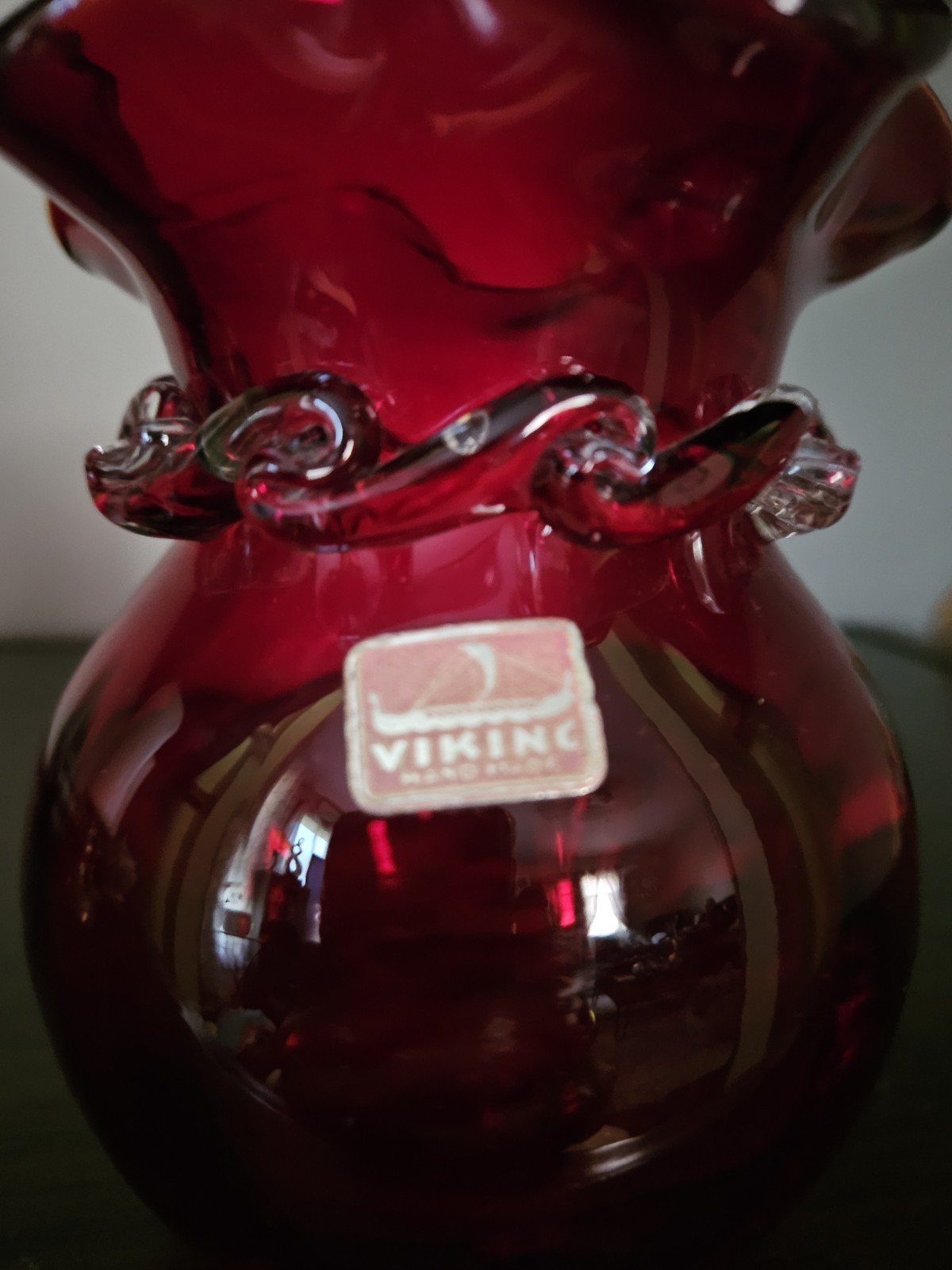 Vintage Viking Ruby Red Glass Vase Ruffle Rim With Clear Band Design - Beautiful