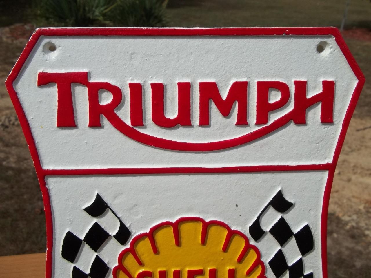 CAST IRON TRIUMPH SHELL CHECKERED FLAG WALL SIGN ADVERTISING SIGN MOTORCYCLE GAS