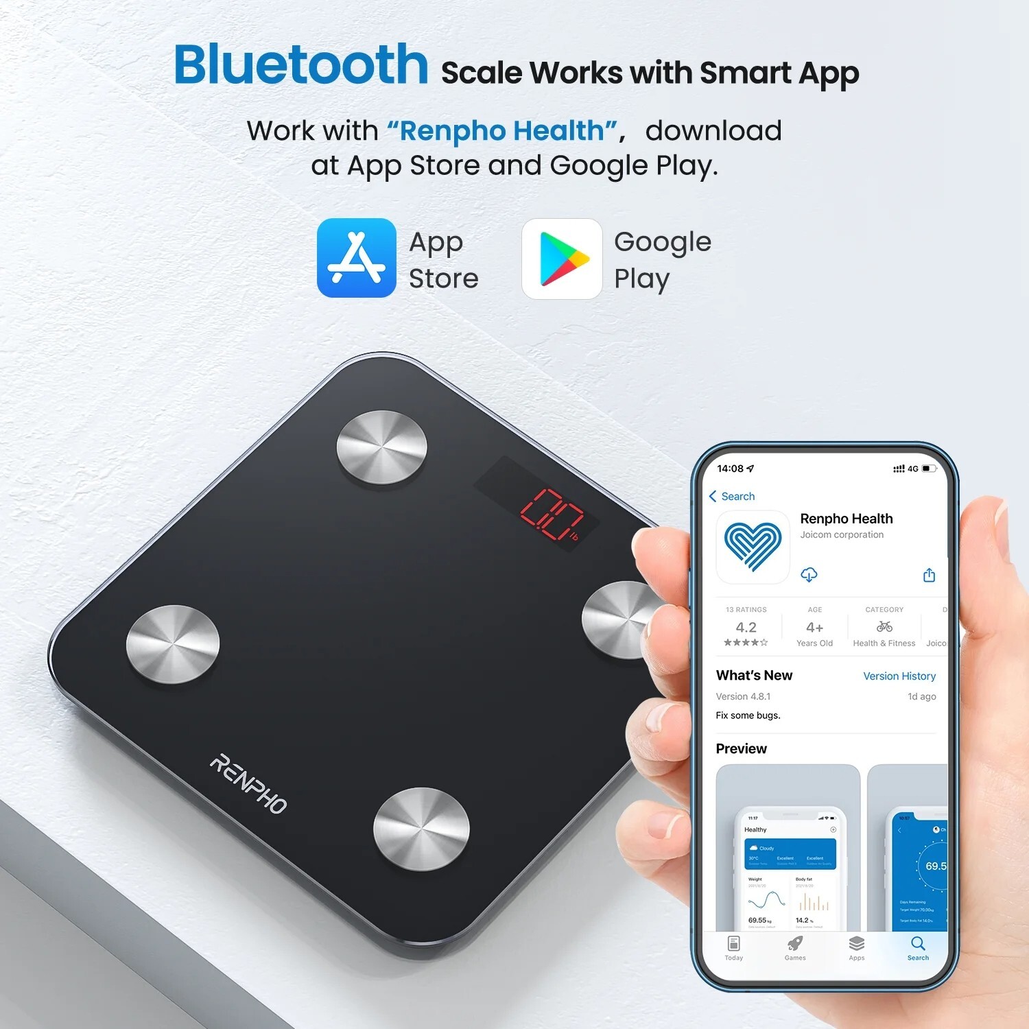 RENPHO Smart Scale Weight Body Digital Bathroom Scale Bluetooth Body Fat Scale