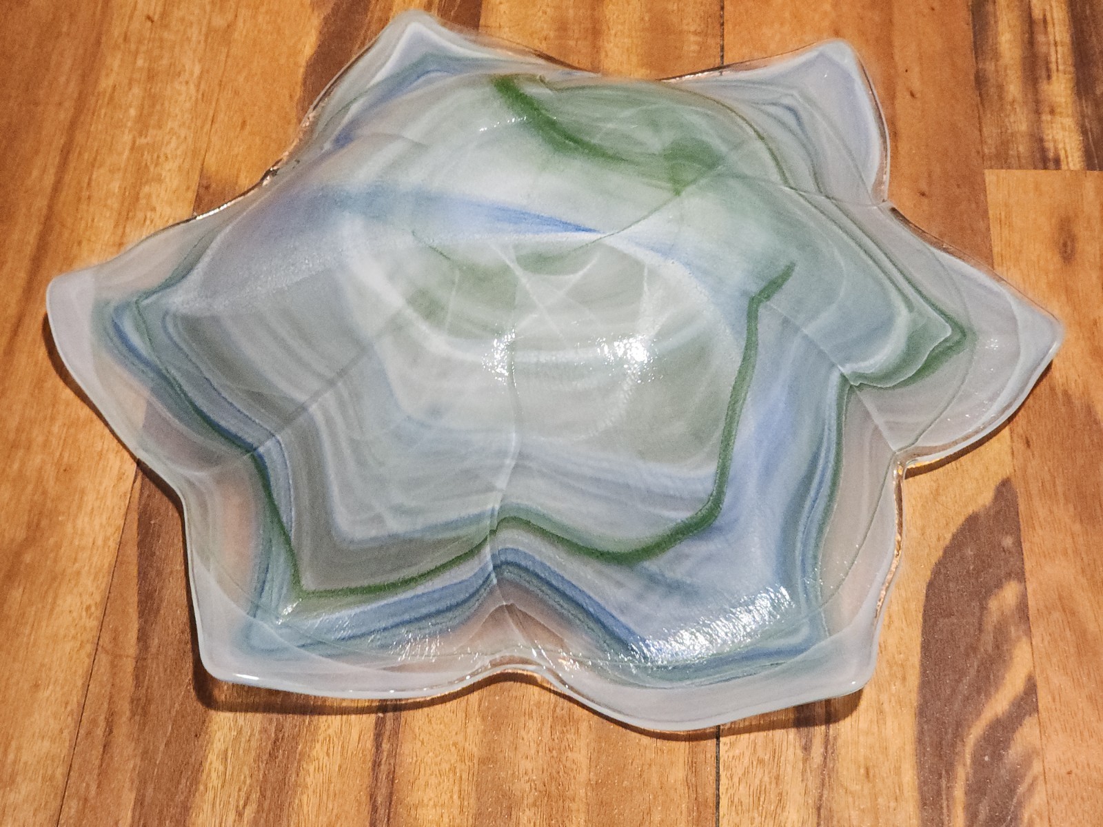 Vintage Murano Style Art Glass Swirl Bowl - Blue/Green/White Scalloped 14"