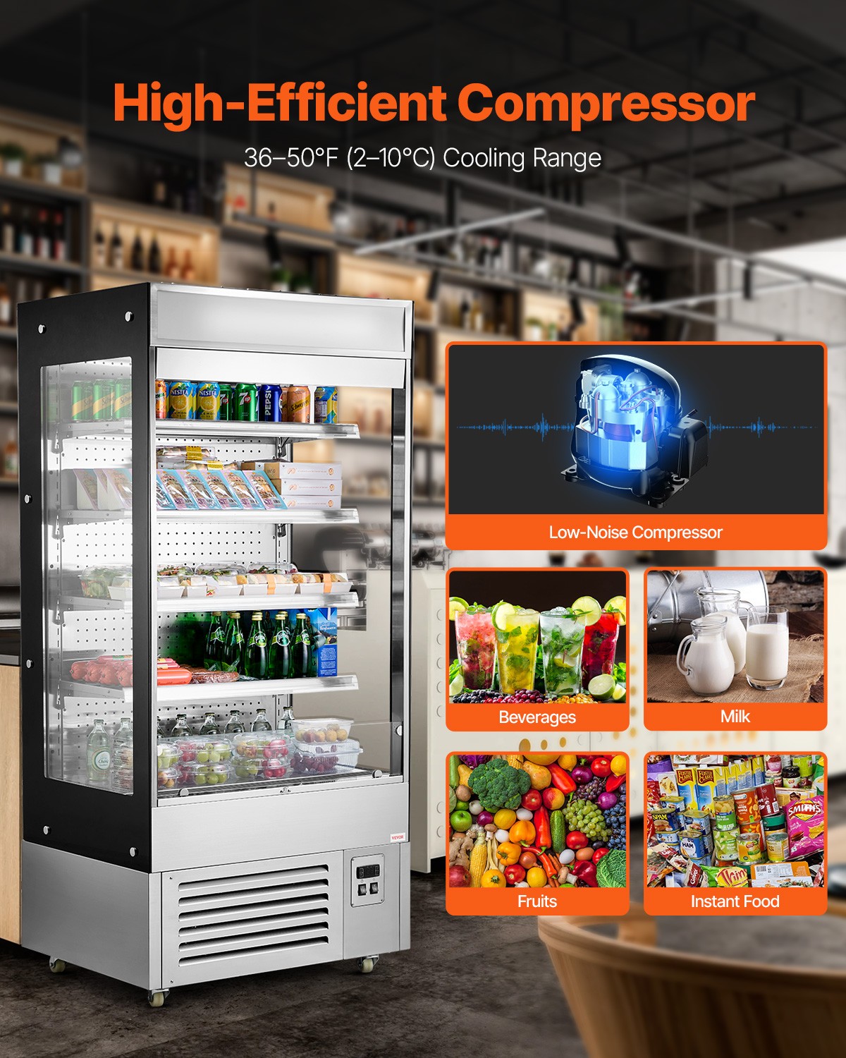 VEVOR Open Air Merchandiser 4-Tier Display Cooler with Air Curtain 18.4cu.ft.