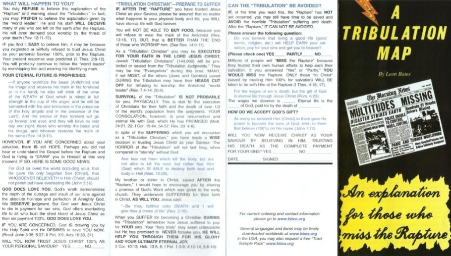 A TRIBULATION MAP by Leon Bates, 1974. New Pack of 25 Brochures / Tracts.