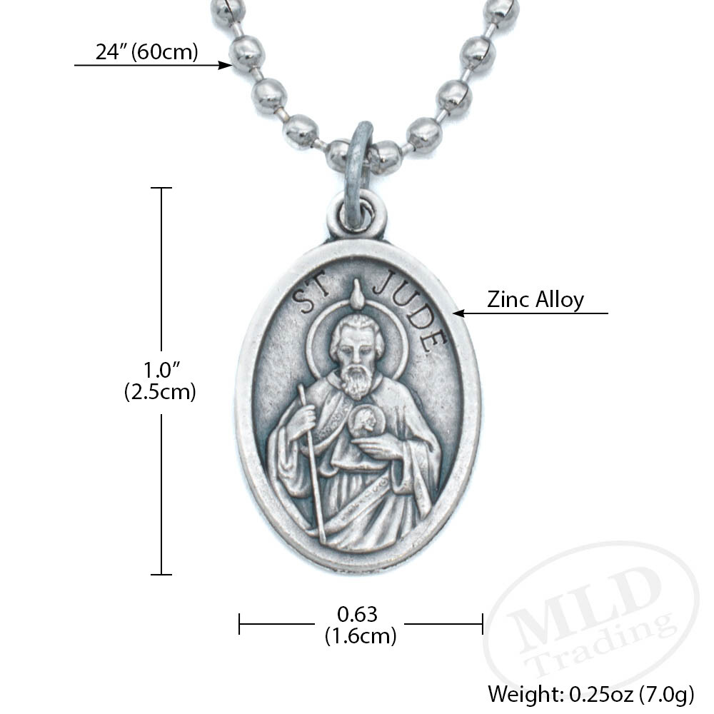 Saint St Jude Medal Pendant Necklace - Zinc Alloy, Made in Italy, 1" w 24" Chain