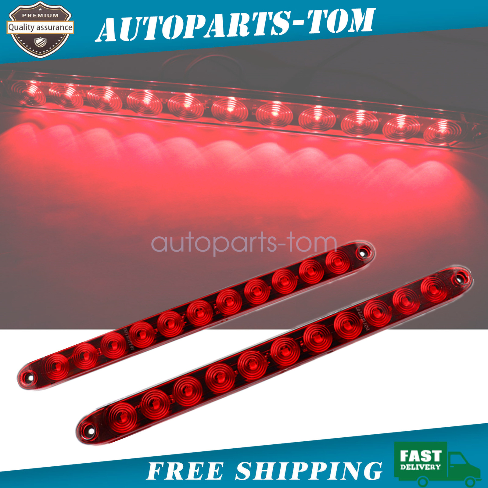 2Pcs 16inch Red Truck Trailer Light Bar 11 LED Stop Turn Tail Brake Lights Strip