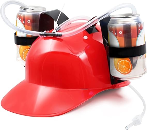 Drinking Helmet - Can Holder Drinker Hat Cap with Straw for Beer and Soda Red