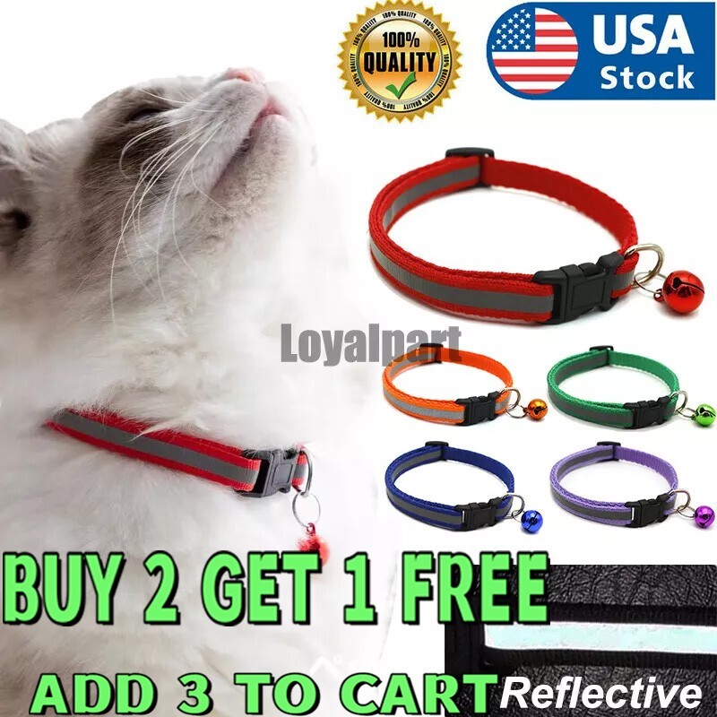 2PCS Reflective Breakaway Nylon Cat Safety Collar with Bell for Cat Kitten US