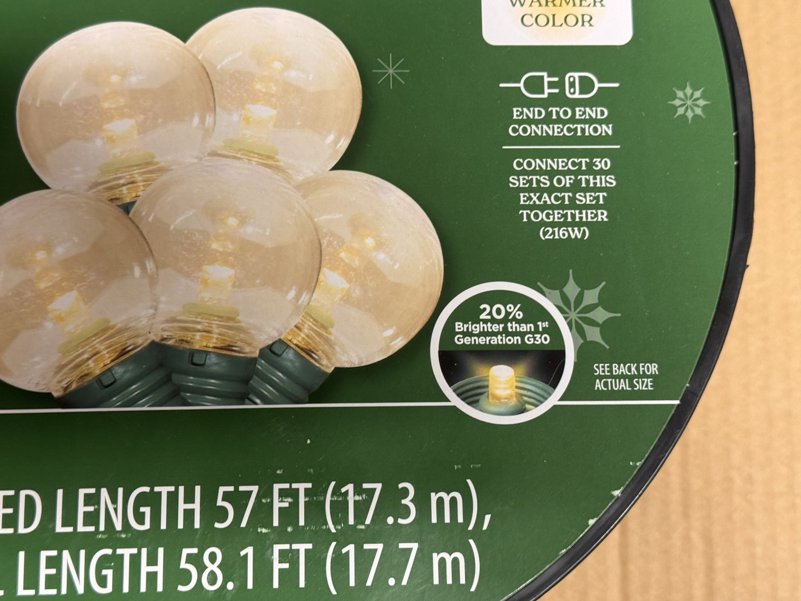 NEW 2025! HOLIDAY TIME 100 WARM WHITE LED Super Bright G30 Lights GRN Wire 58.1'