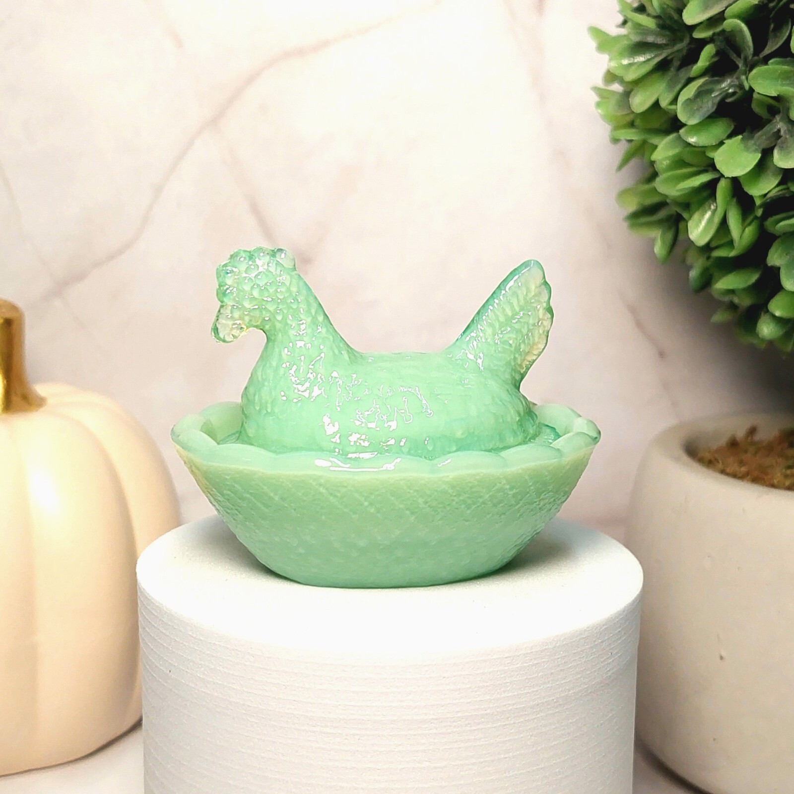 Jadeite Depression Style Glass Hen On Nest Chicken Salt Cellar Dish, VTG Style