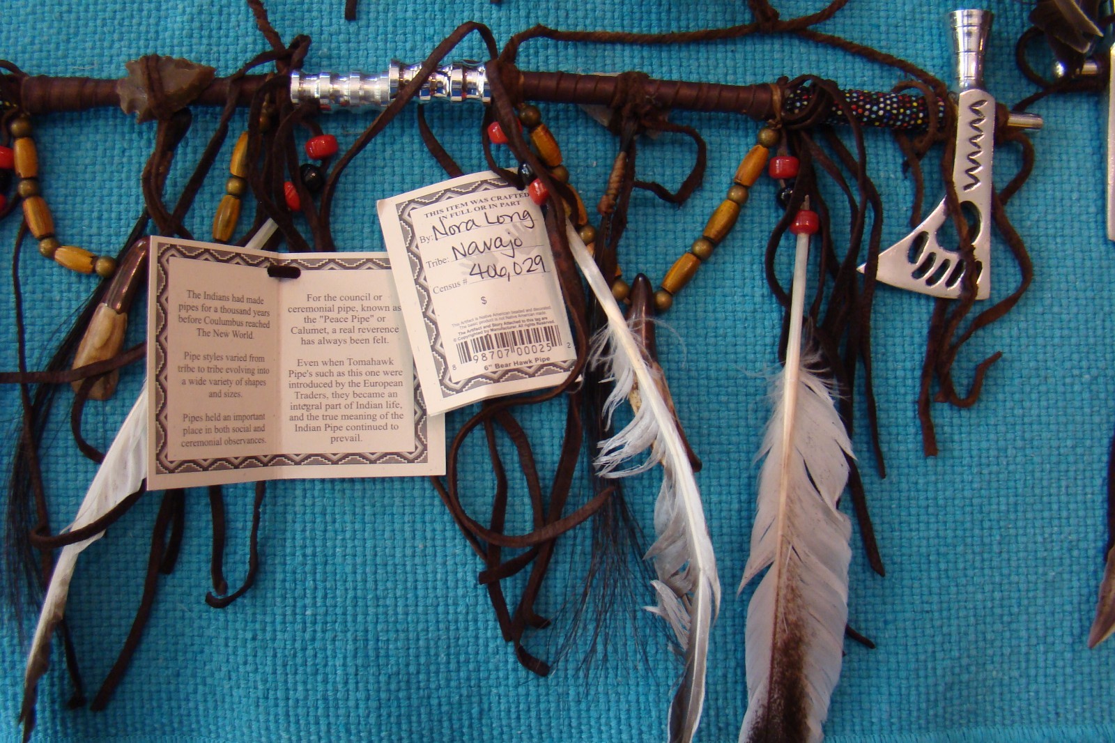 1-ONE Navajo Peace pipe 8" Long w/2 six" feathers, different color beads Works!!