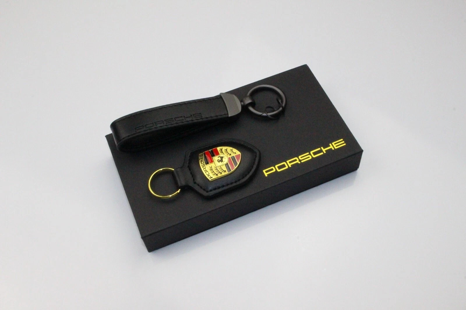 Leather Porsche Premium Keychain with Box Exquisite Set Men Gift-Black