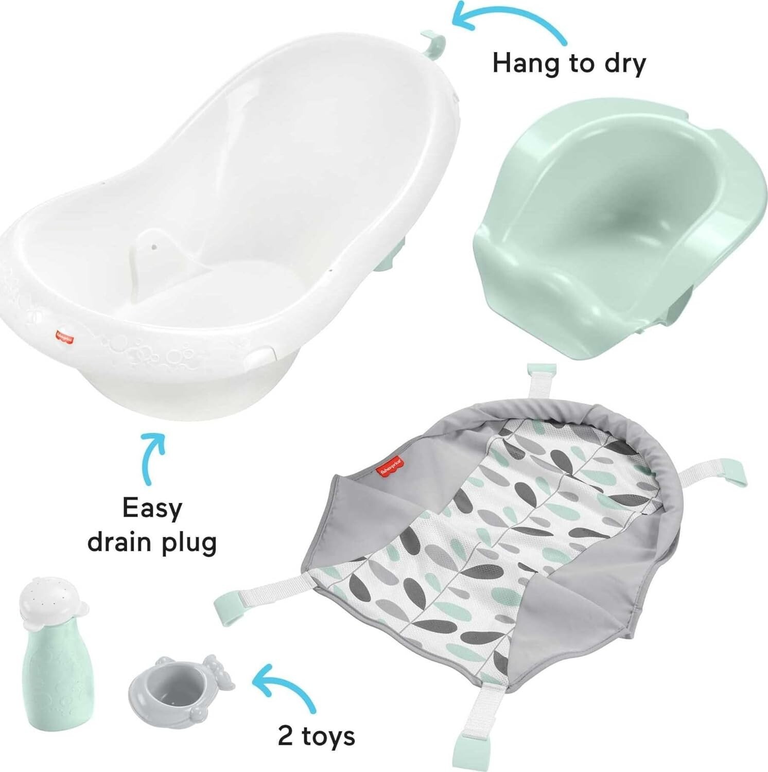 Fisher-Price Baby to Toddler Bath 4-in-1 Slingn Seat Tub 2 Toys Climbing Leaves