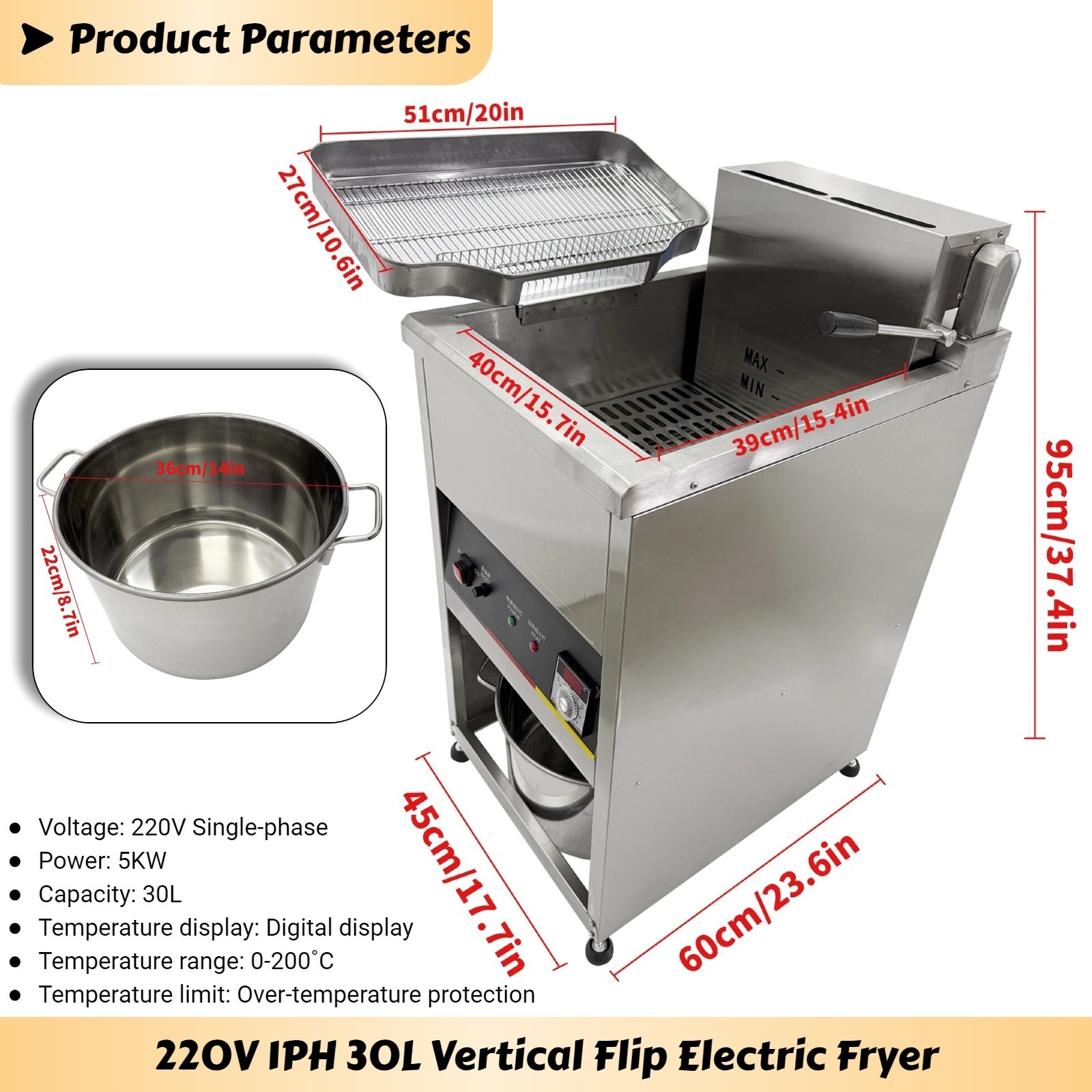 220V 1PH Vertical Flip Electric Fryer for Fried Chicken and Chips 30L 0-200˚C