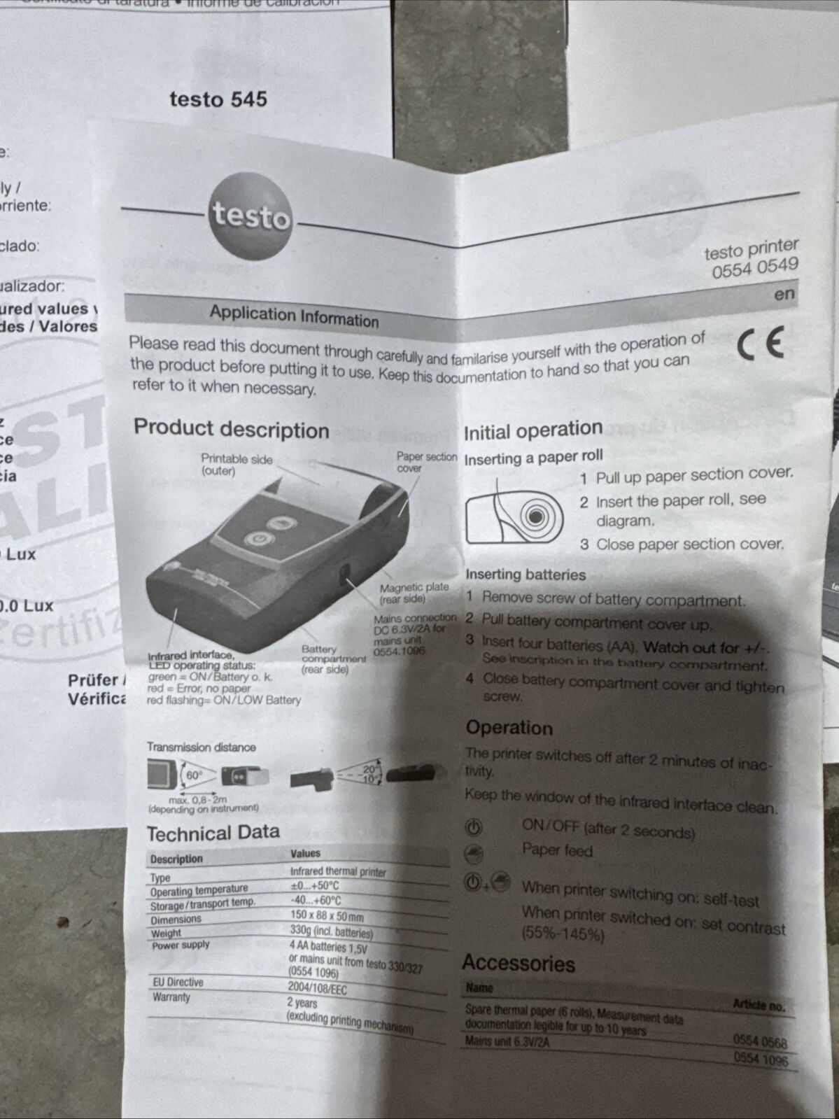 Testo 545 Illuminance Meter Photometer Printer 0554 0549